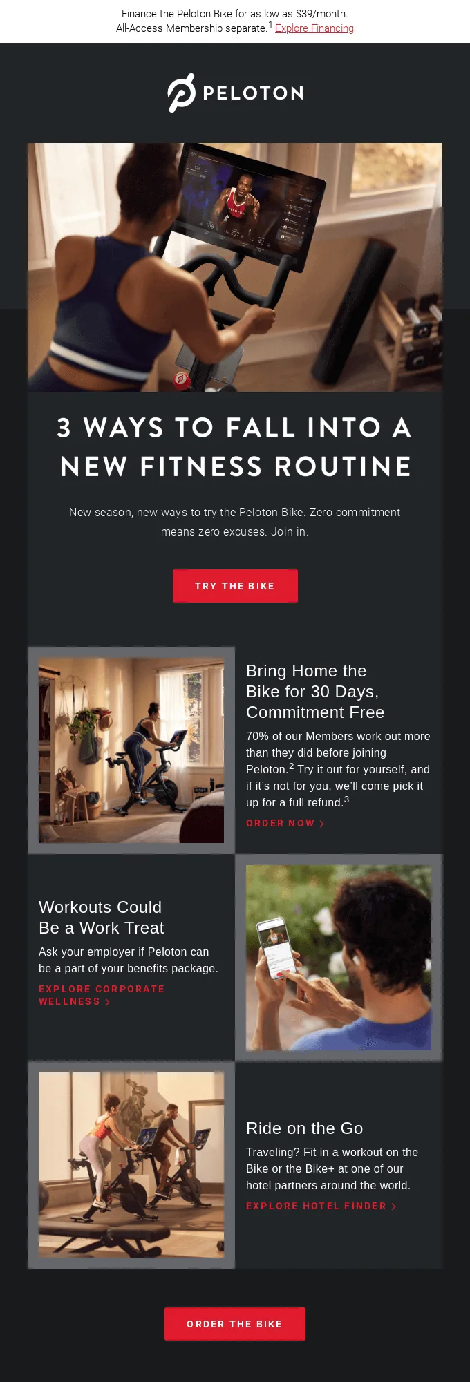 Email di Peloton che promuove i suoi prodotti con «3 modi per entrare in una routine di allenamento quest’autunno».