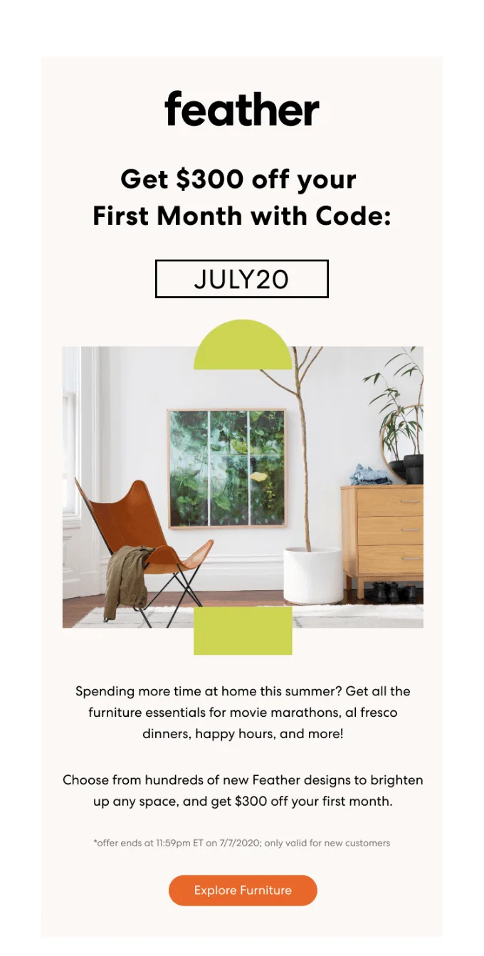 Email by Feather that includes a summer deal indicated in the subject line.