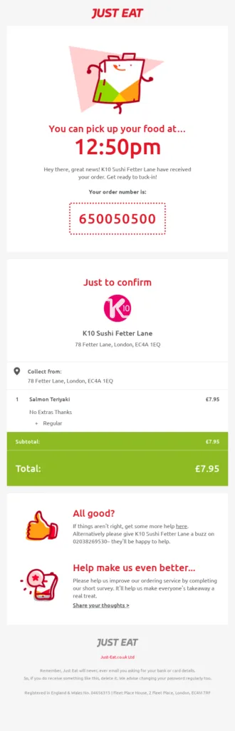 Beispiel für eine Bestätigungs-E-Mail von Just Eat im Branding und Stil des Unternehmens.