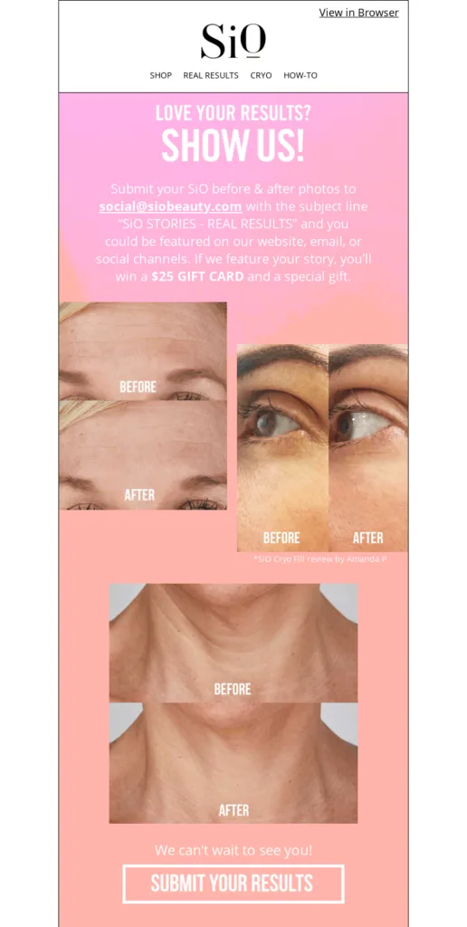 Beispiel einer Bewertungsanfrage von SiO Beauty mit Vorher-nachher-Fotos von Kunden.