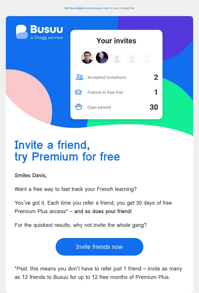 SaaS email example by Busuu that offers 30 days of Premium access for inviting a friend.