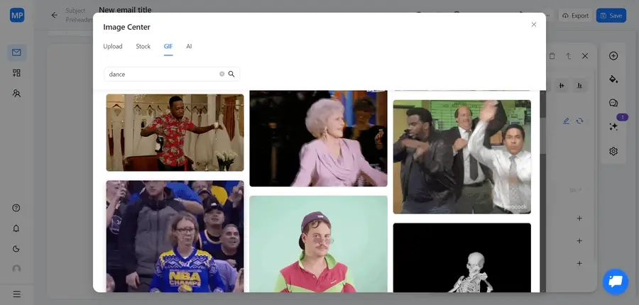 GIF menu in the Image Center showcasing the GIF animations for the "dance" prompt.