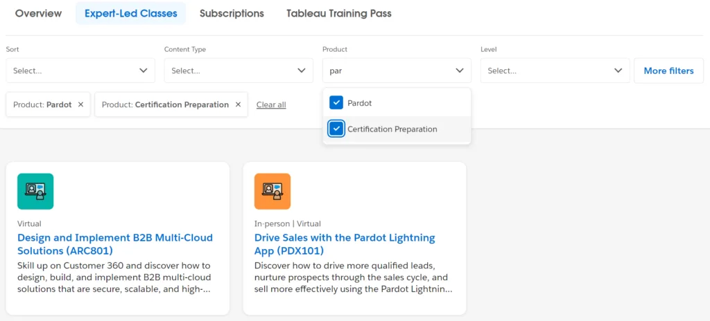 Kurse der Trailhead Academy zu Pardot: Design and Implement B2B Multi-Cloud Solutions (ARC801) und Drive Sales with the Pardot Lightning App (PDX101)