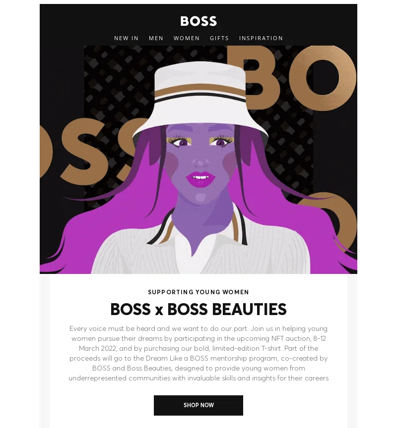 Email template with an illustration and a caption: supporting young women