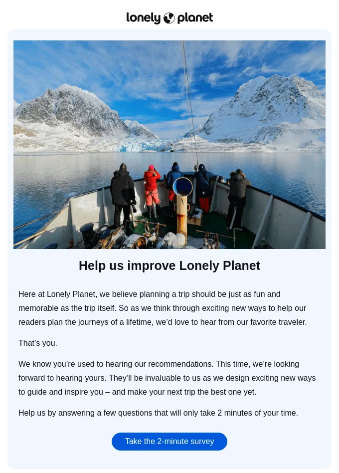 Survey email asking for help by Lonely Planet