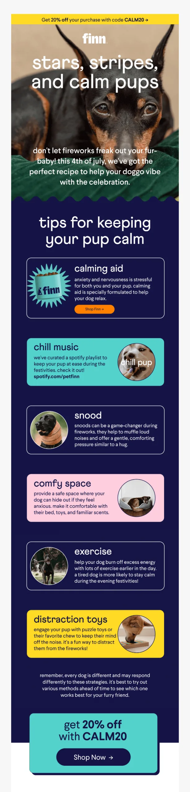 E-Mail von Finn zum 4. Juli mit Tipps, wie ein Hund beim Feuerwerk ruhig bleibt