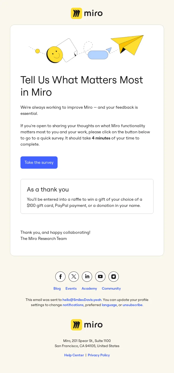 Erinnerungs-E-Mail von Miro mit der Bitte, an einer Umfrage teilzunehmen – mit Gewinnchance