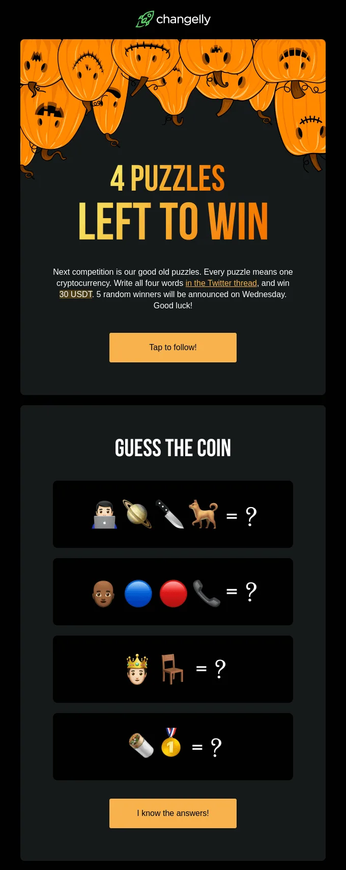 Newsletter di Halloween di Changelly con un concorso a enigmi