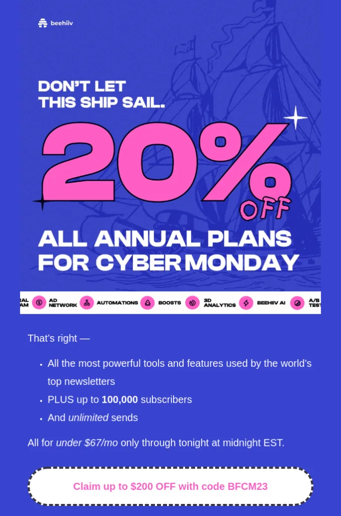 Beispiel einer Cyber-Monday-E-Mail von beehiiv