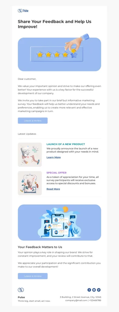 E-Mail-Vorlage für Kundenbewertungen von Blocks, die erklärt, warum Kundenfeedback wichtig ist.