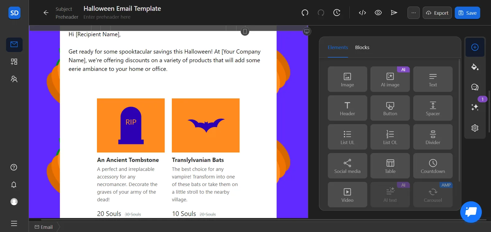 Modello di email di Halloween creato con Blocks