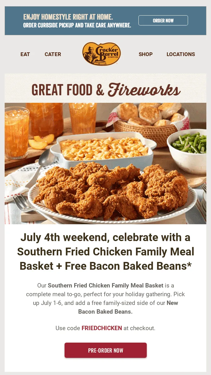 E-Mail von Cracker Barrel zum 4. Juli mit einem Feiertagsgericht