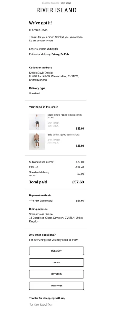 Beispiel für eine Bestätigungs-E-Mail von ASOS, das zeigt, wie eine mobilfreundliche E-Mail aussehen kann.