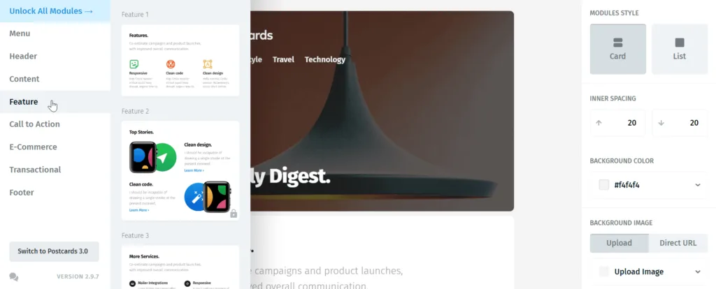 HTML email modules in Designmodo Postcards