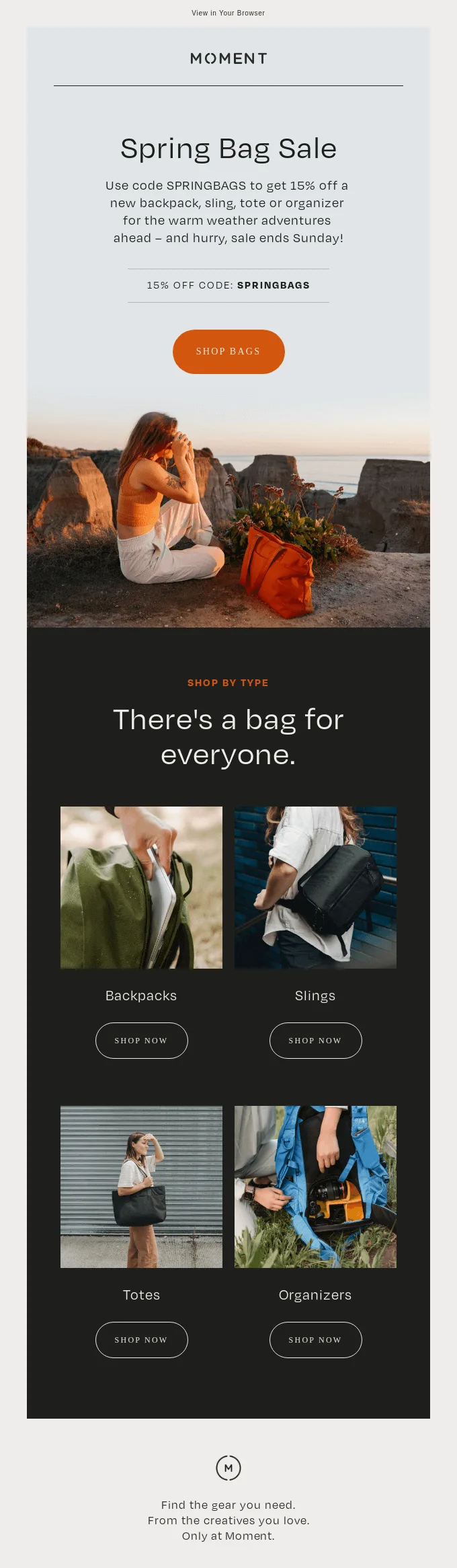 Newsletter de primavera da Moment que anuncia uma promoção de bolsas de primavera.