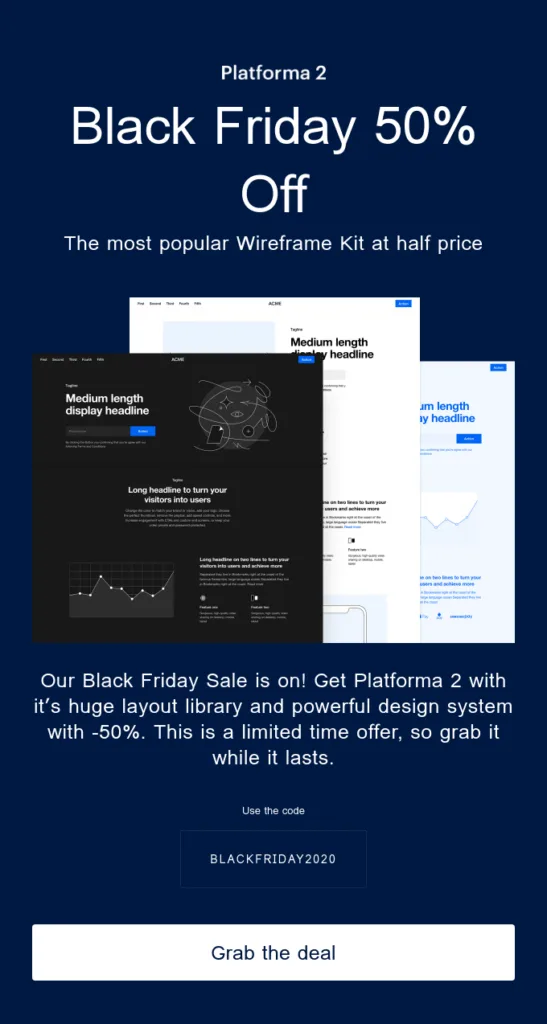 Exemplo de e-mail da Platforma com design adaptado ao modo escuro.