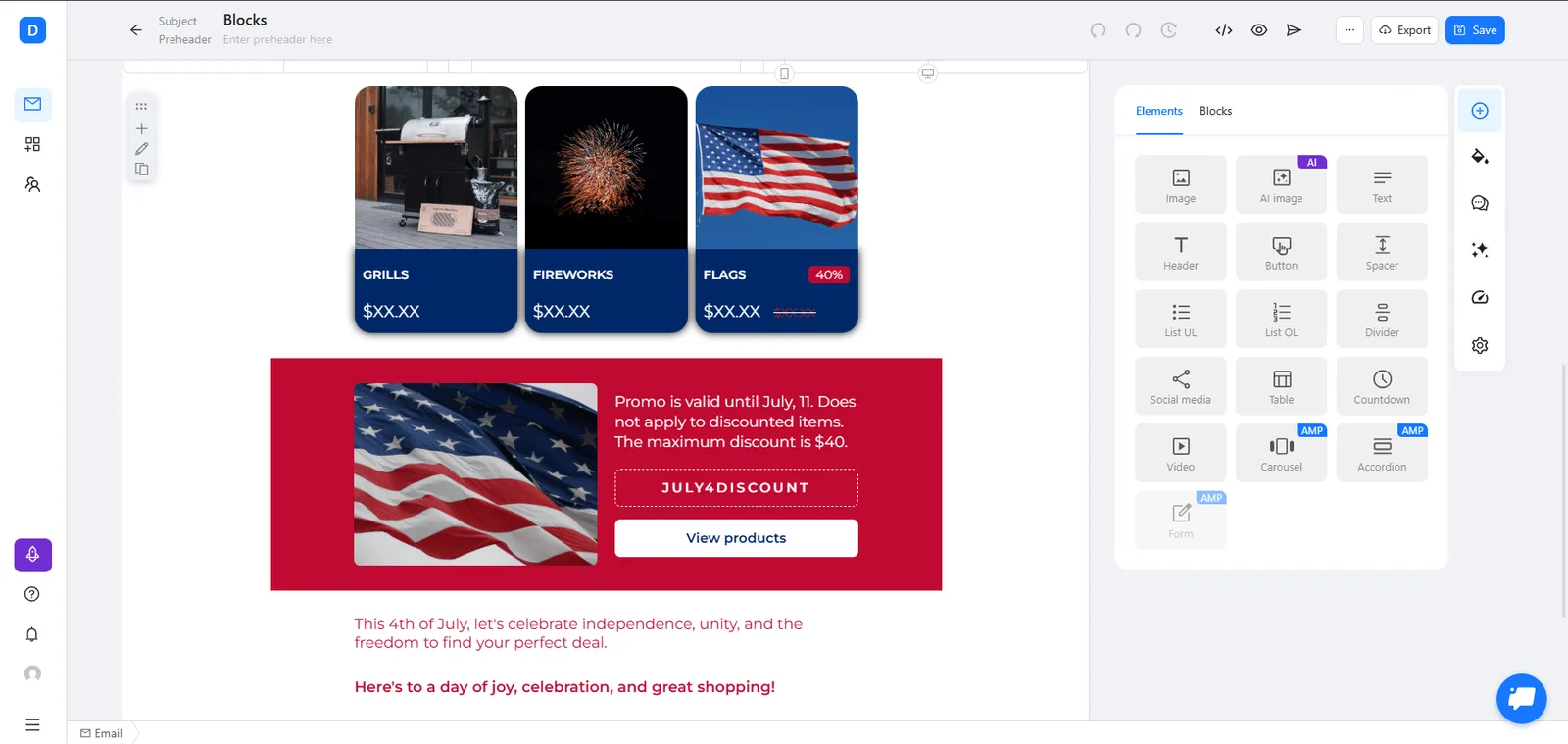 Mit dem E-Mail-Builder Blocks erstellte E-Mail-Vorlage zum 4. Juli