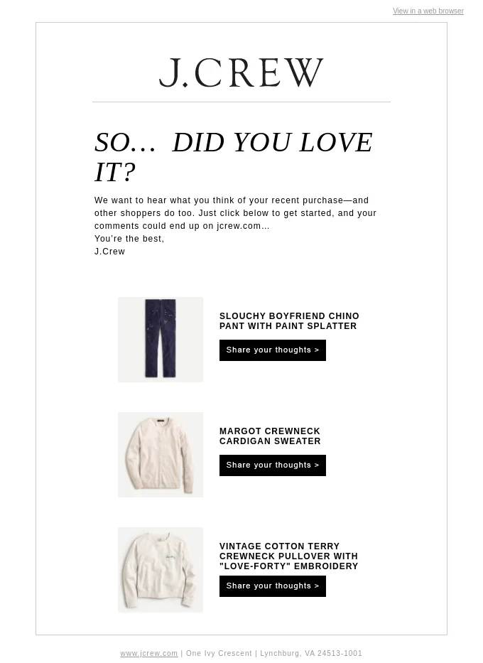 Beispiel einer Bewertungsanfrage von J.Crew im freundlichen, verspielten Ton.