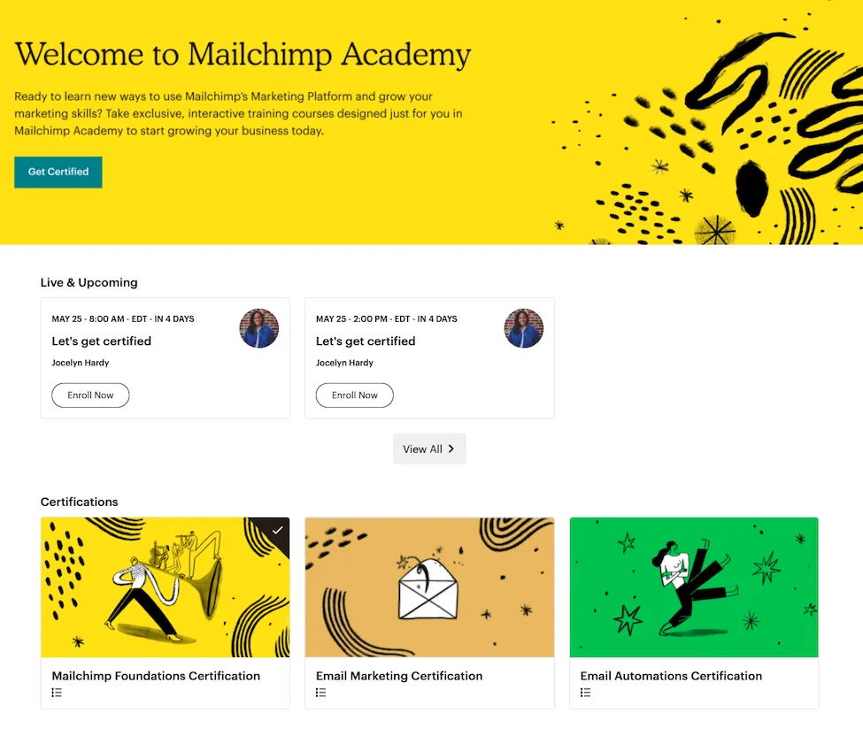 Mailchimp-Zertifizierungen in der Mailchimp Academy: Mailchimp Foundations, Email Marketing und Email Automations.