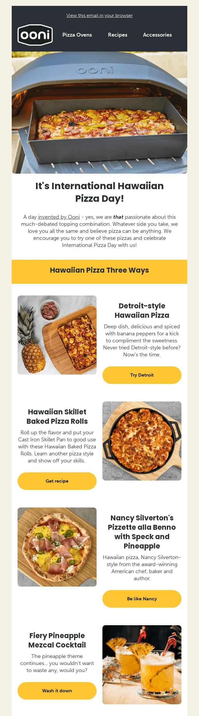 E-mail da Ooni Pizza Ovens com assunto e texto engraçados sobre a “polêmica” pizza com abacaxi