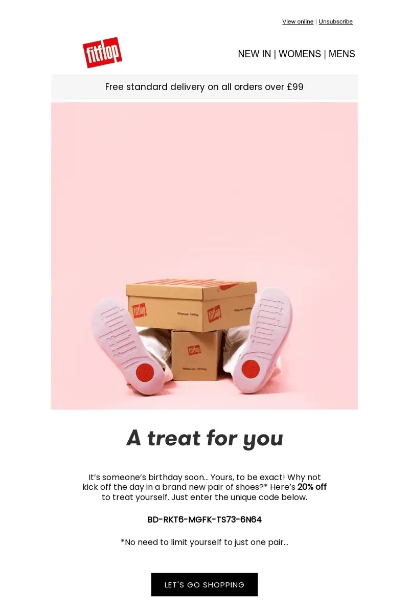 Geburtstags-E-Mail von FitFlop mit humorvollen Bildern und einem Witz im Text.