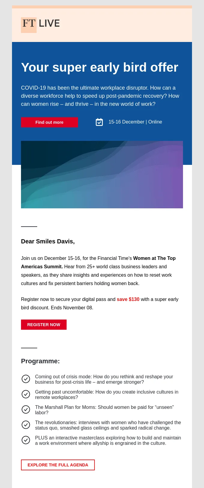 Webinar-E-Mail der Financial Times mit einem Frühbucherrabatt von $130.