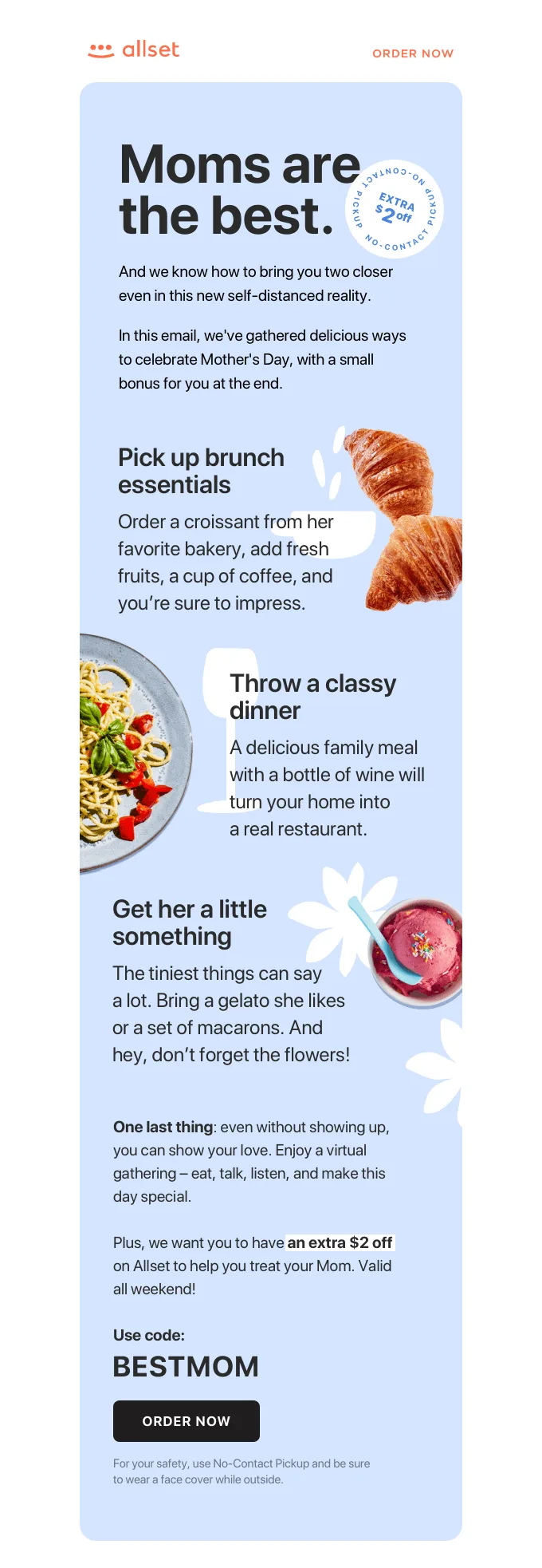 Allset's email example featuring Mother's Day celebration ideas