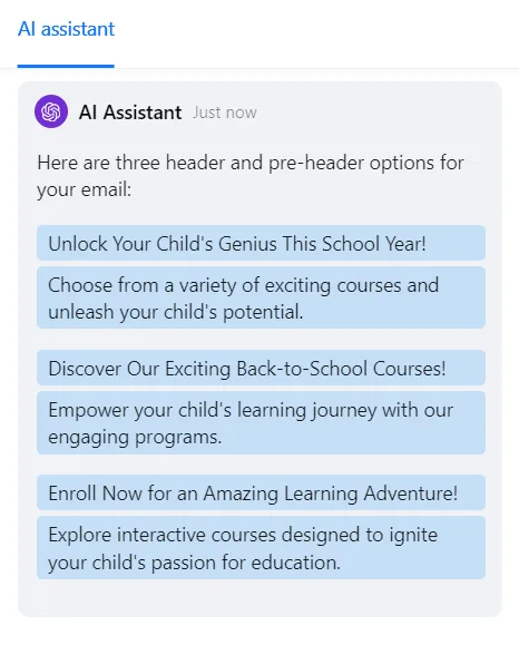 AI assistant in Blocks showing generated subject lines and pre-headers