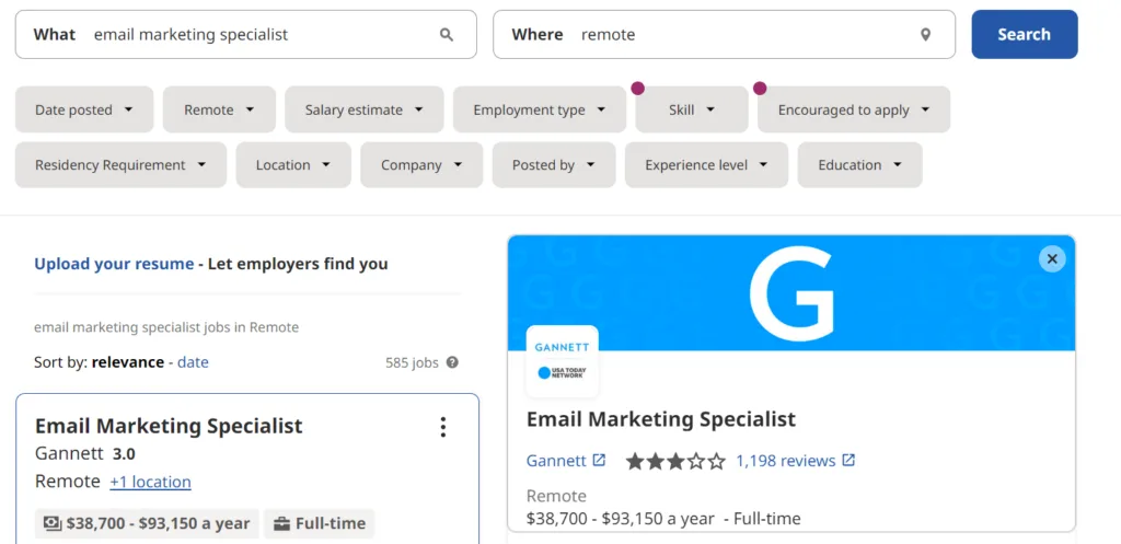 Main page of indeed.com for searching email marketing jobs