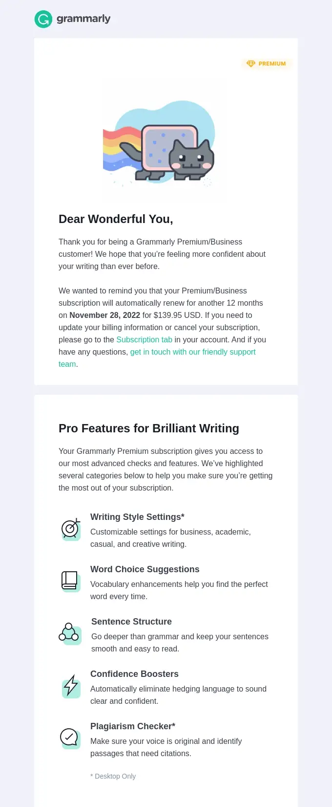 Freundliche Erinnerungs-E-Mail von Grammarly zur Verlängerung des Abonnements