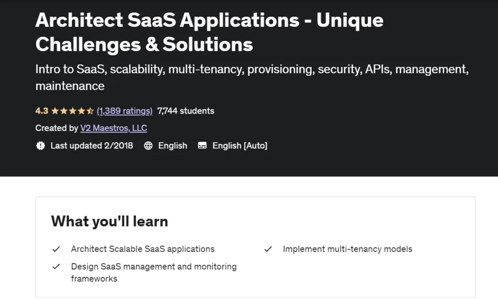 Architect SaaS Applications: pagina principale del corso su Udemy