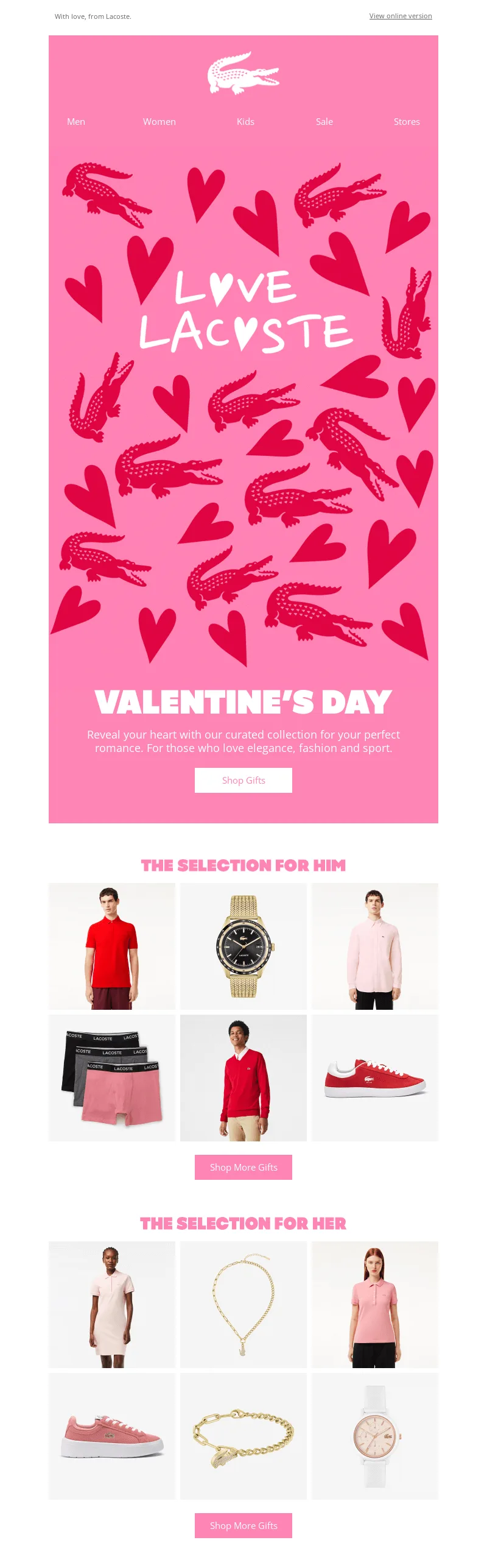 E-Mail von Lacoste zum Valentinstag mit festlichem Design und Geschenkauswahl.
