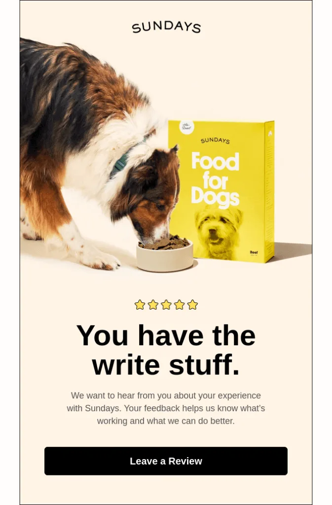 Beispiel einer Bewertungsanfrage von Sundays mit kurzem Text und dem Bild eines Hundes, der das Hundefutter der Marke frisst.