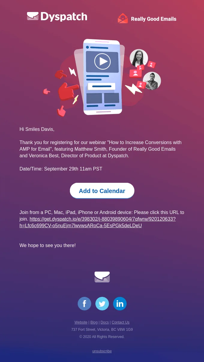 Webinar-E-Mail von Dyspatch mit einem prominent platzierten CTA „Add to Calendar“.