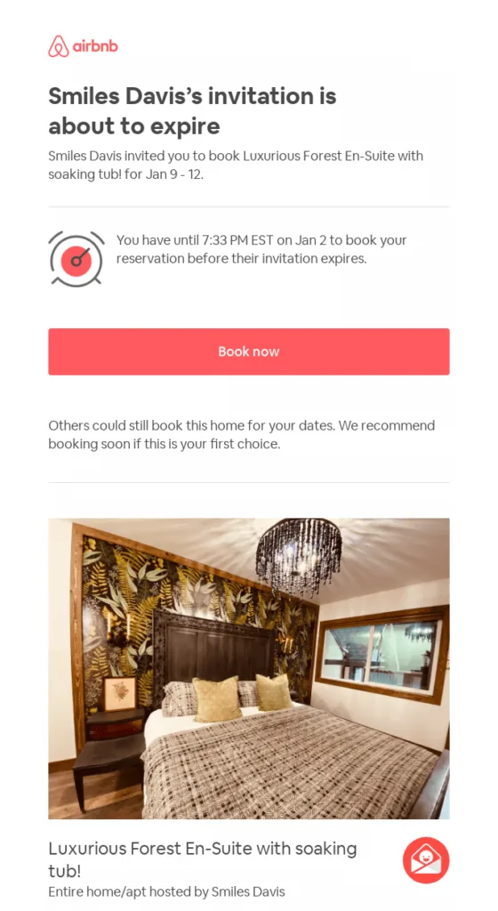 Erinnerungs-E-Mail von Airbnb mit dem Ablaufdatum der Einladung