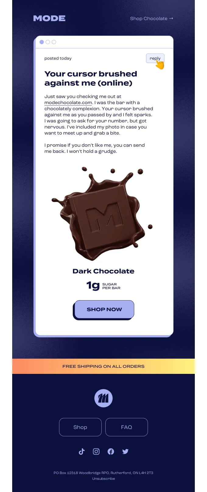 Retention-E-Mail von Mode Chocolate mit einer verspielten Erinnerung