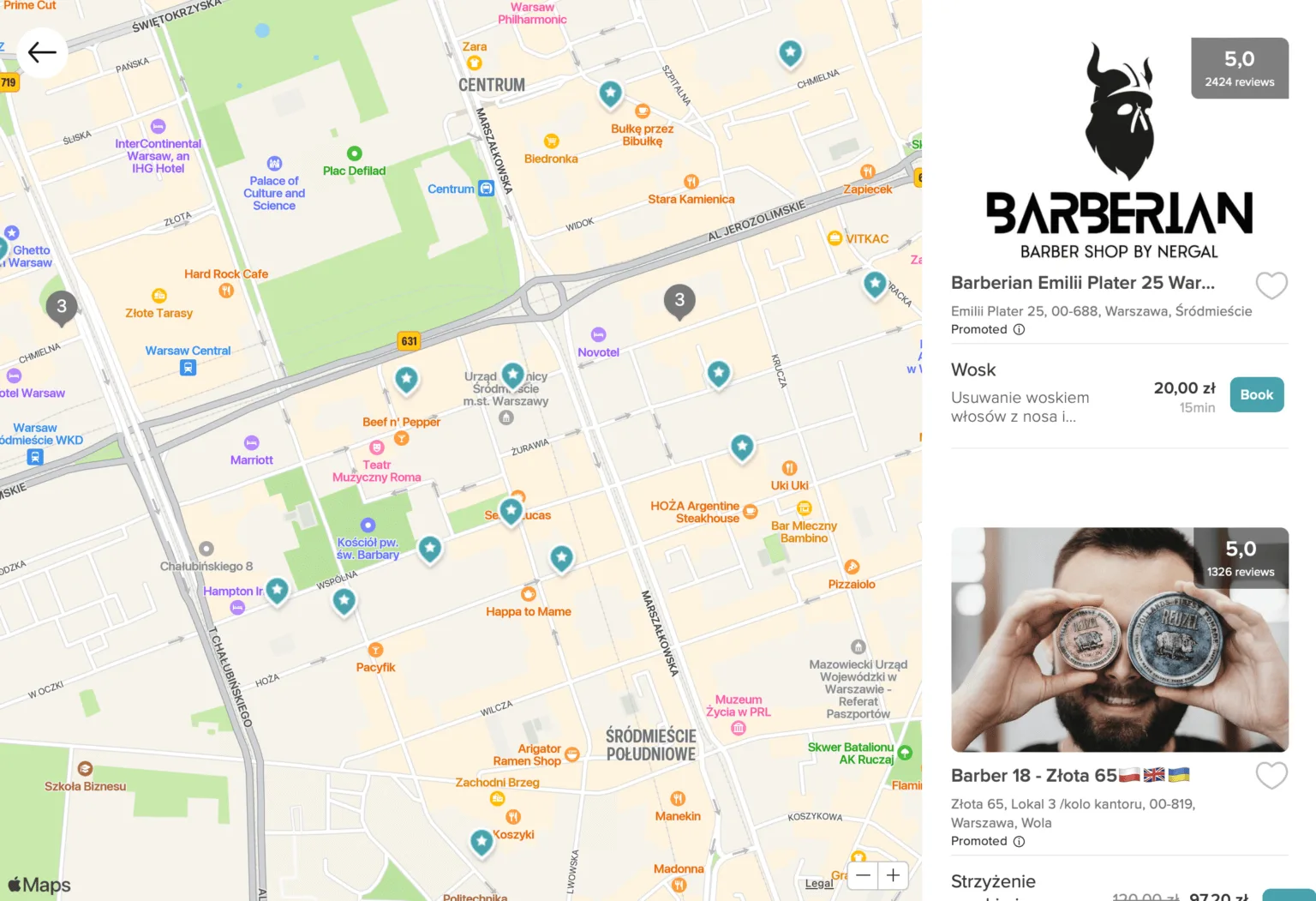 Plataforma Booksy con un mapa