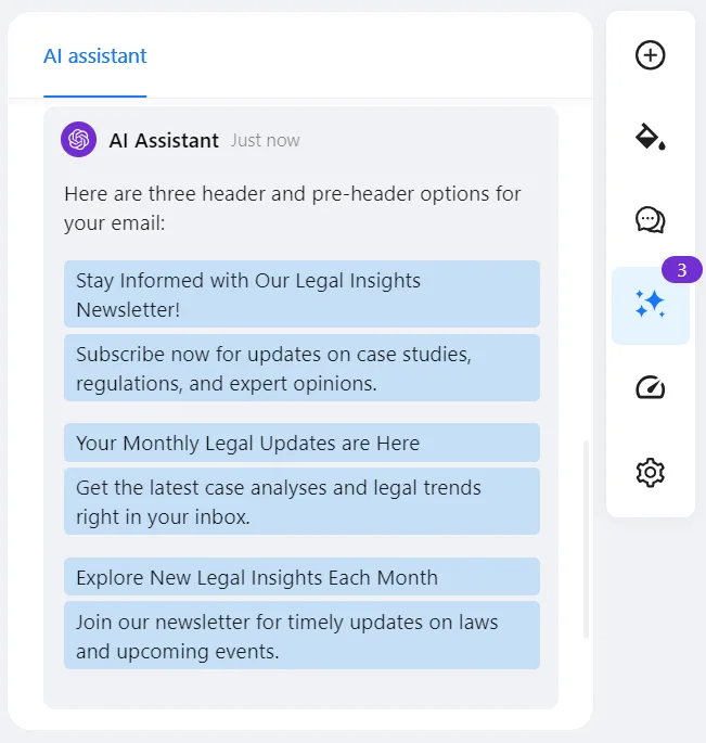 AI assistant in Blocks with 3 options for subject lines and preheaders
