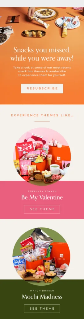 Ejemplo de email «Te echamos de menos» de Bokksu que informa a los suscriptores de los snacks que se han «perdido» y muestra algunos de sus productos.