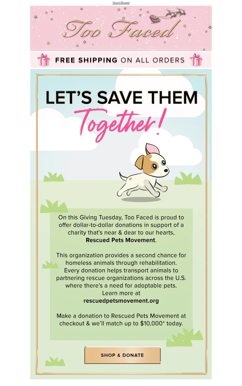 Email de recaudación de fondos de Too Faced Cosmetics vinculado al Giving Tuesday