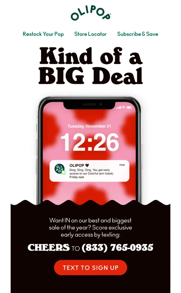 Dringliche E-Mail von OLIPOP mit Vorabzugang zum Black-Friday-Sale