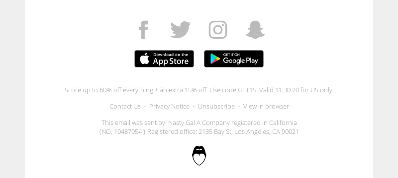 App Store and Google Play icons in the email footer example by Nasty Gal