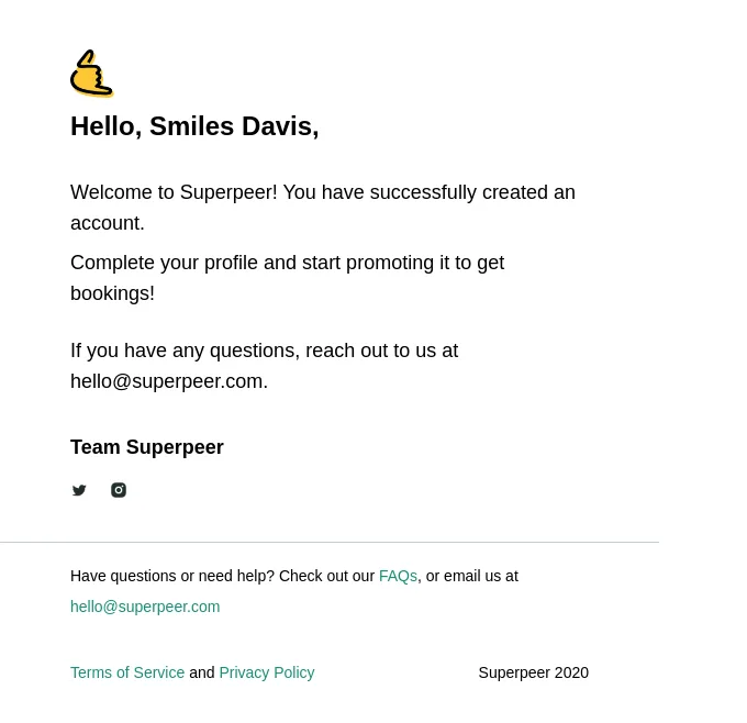 Beispiel für eine Registrierungsbestätigung von Superpeer, die den Abonnenten bittet, sein Profil zu vervollständigen.