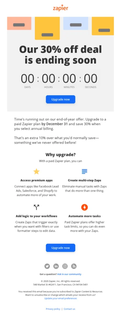 Erinnerungs-E-Mail von Zapier mit einem Countdown-Timer
