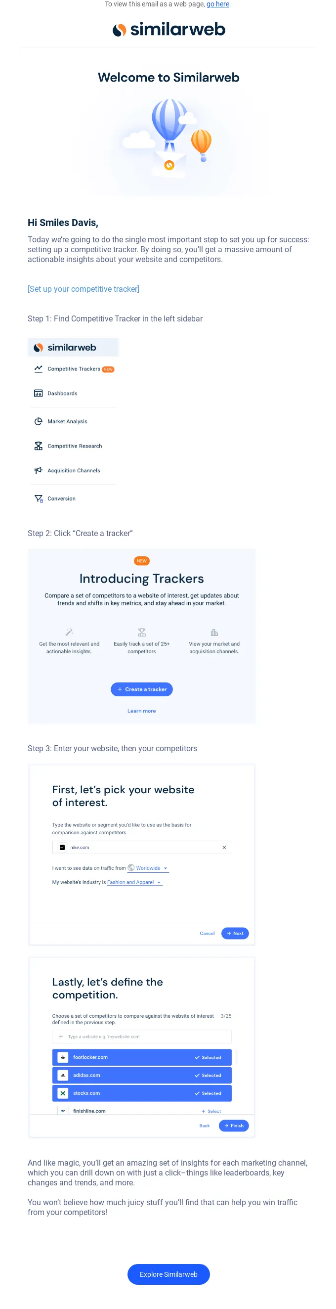 SaaS email example by SimilarWeb that includes illustrated onboarding instructions.