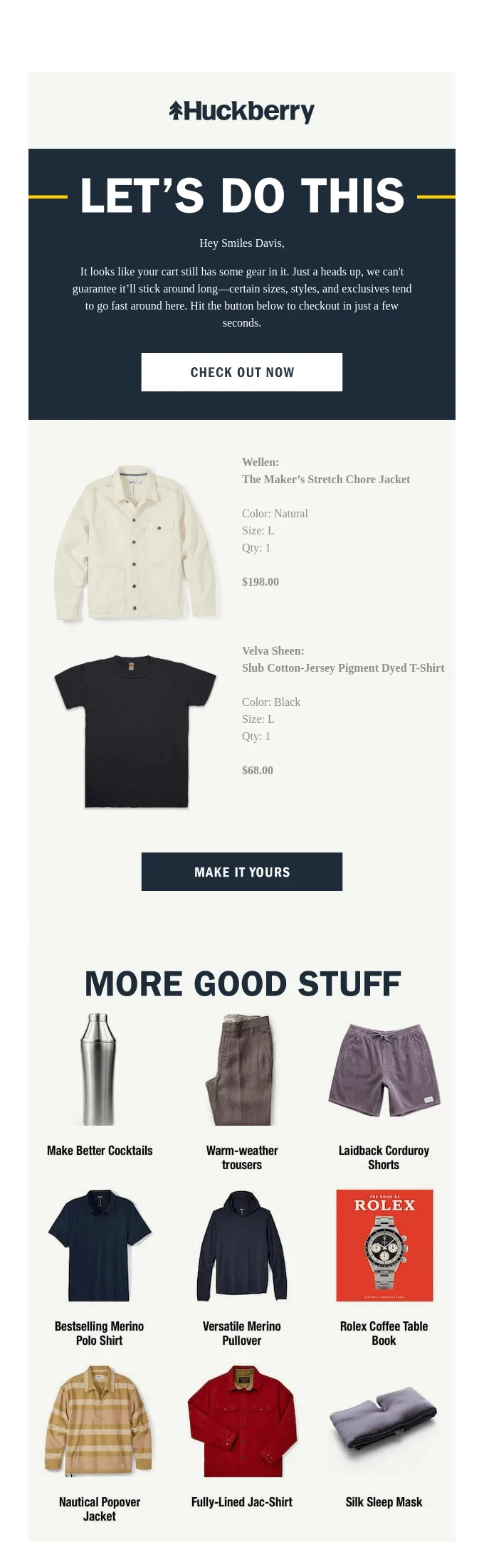 E-mail de carrinho abandonado da Huckberry com assunto e texto bem-humorados
