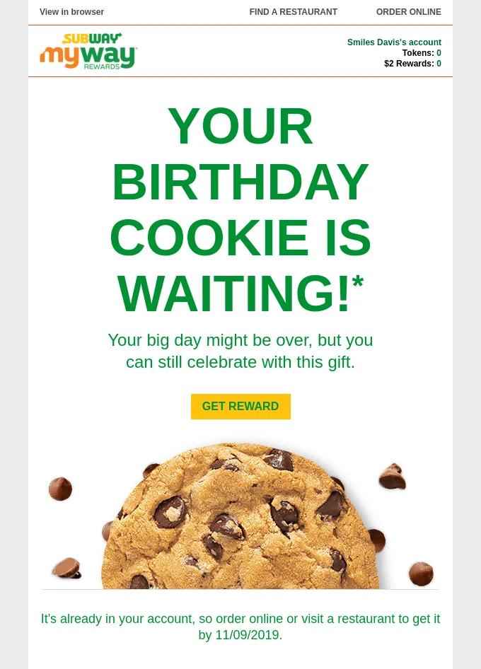 Geburtstags-E-Mail von Subway, die den Abonnenten an das nicht eingelöste Geschenk erinnert.