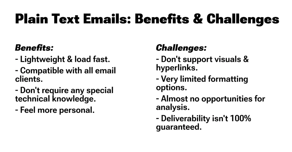 A list of 4 benefits & 4 challenges of plain text emails.