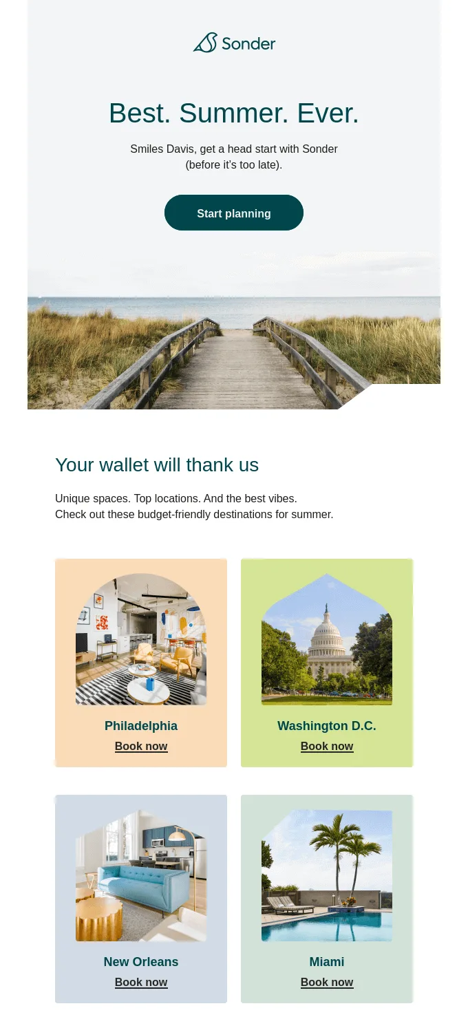 Email by Sonder with personalized summer subject line and a list of budget-friendly summer destinations.