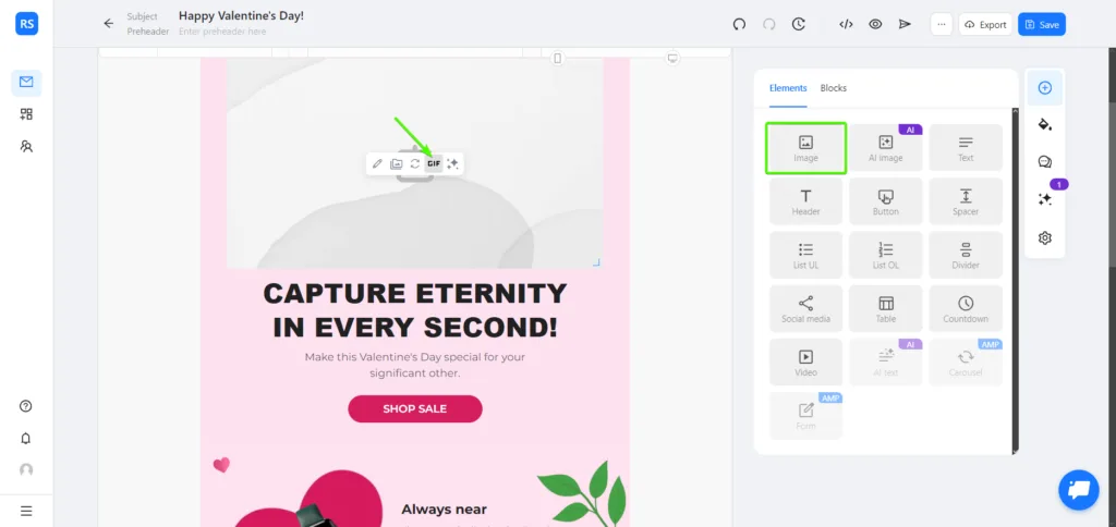 Interface do Blocks com o elemento Imagem no ambiente de trabalho.